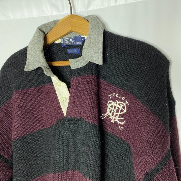 Polo Ralph Lauren Black Maroon Striped Wool Knit Pullover Sweater Vintage VTG - Picture 2 of 8